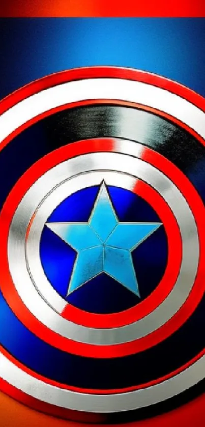 Superhero shield with red, white, and blue colors and star.