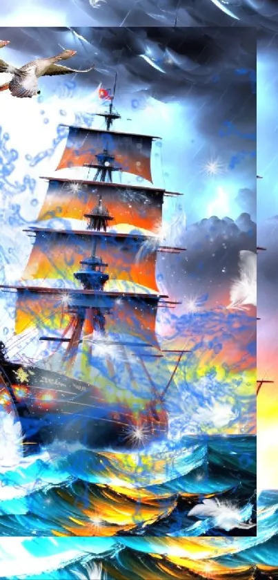 Vibrant ship sailing through stormy seas with waves and birds.