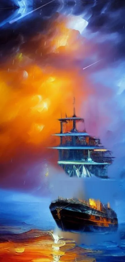 Colorful ship artwork with vibrant orange sky.