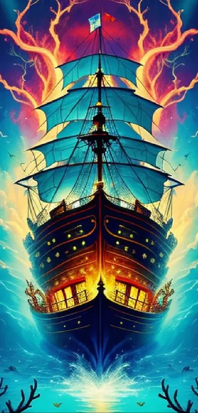 Vivid artwork of a ship navigating through a fantastical sky and ocean.