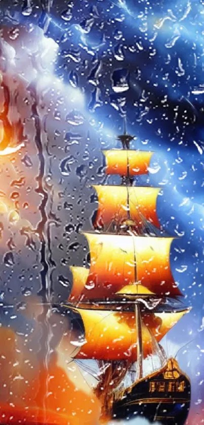 Vibrant ship with glowing sails on a stormy sea mobile wallpaper.