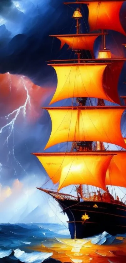 Majestic ship with orange sails on stormy seas.