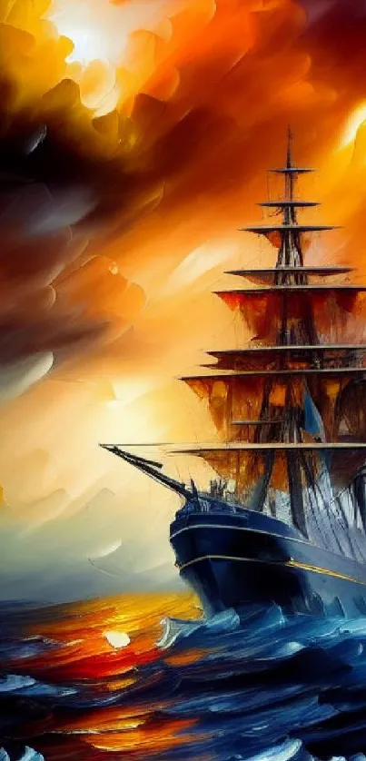 Ship at sunset over vibrant ocean waves painting.