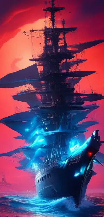 Vibrant ship on the ocean with red and neon blue hues at sunset.