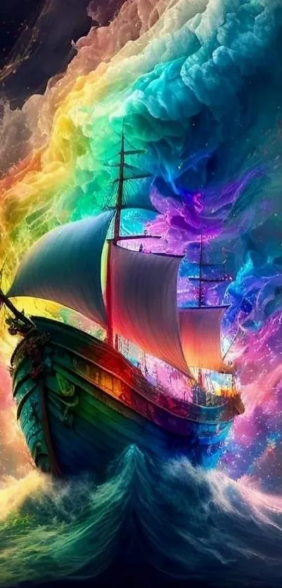 Vibrant fantasy ship with rainbow colors on a dark ocean background.