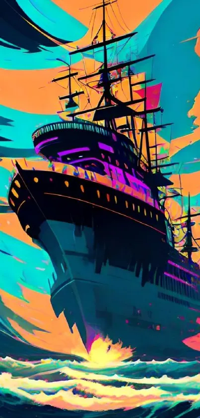 Vibrant ship illustration with blue and orange hues.