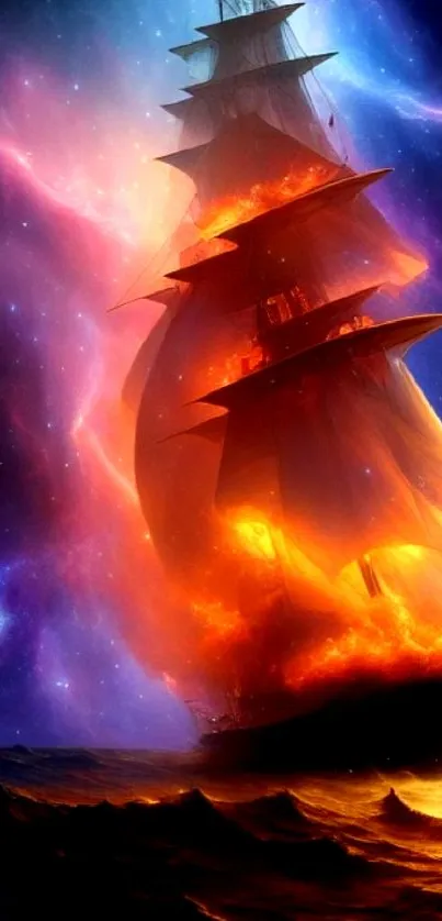 Majestic ship sails through cosmic waves with vibrant colors.