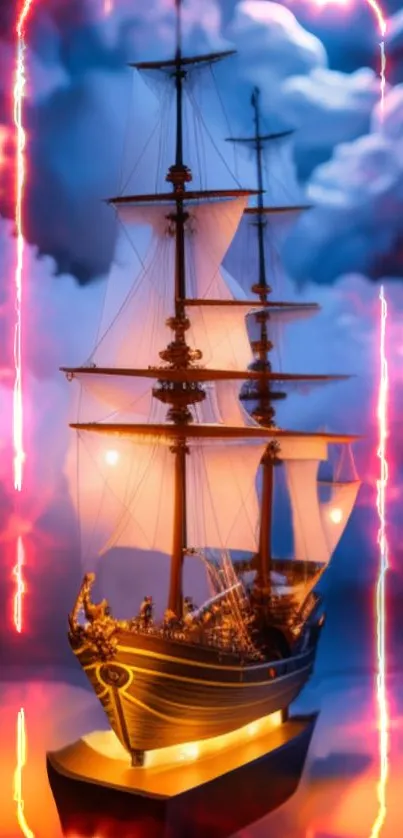 Dramatic sailing ship against a fiery sky, rich in vibrant colors and clouds.