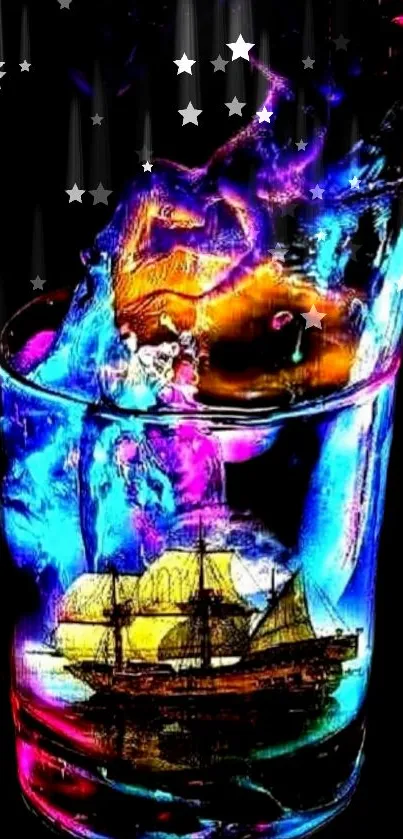 Colorful cosmic ship in a glass with black background.