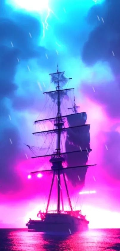 Dramatic ship sailing under a vibrant neon-lit stormy sky.