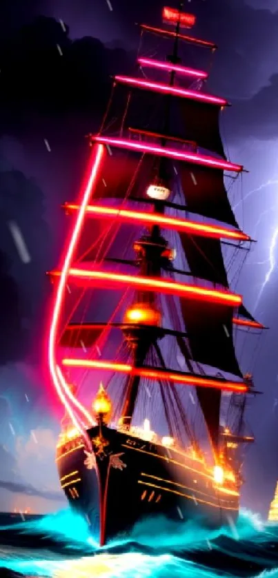 Vibrant neon-lit ship sails through a dramatic storm with lightning and ocean waves.