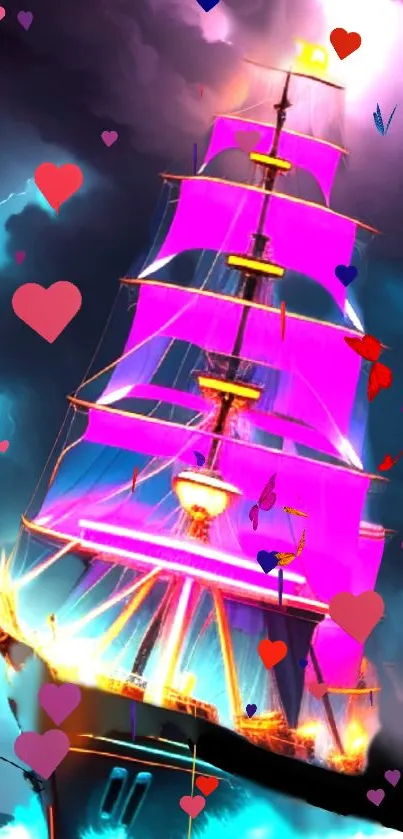 Vibrant ship with neon pink sails and hearts in a stormy sea.