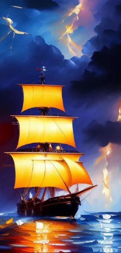 Dynamic ship in vibrant stormy sea with glowing sails.