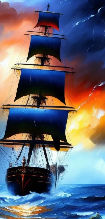 Majestic ship sails in vibrant stormy ocean with dynamic colors.