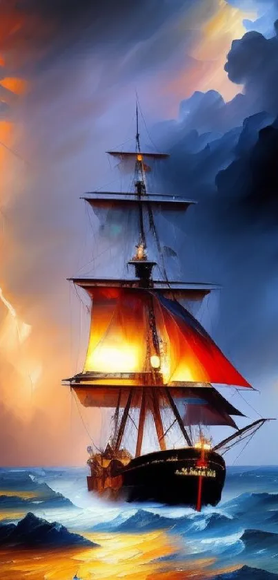 Vibrant ship sails through stormy seas with dramatic lightning sky.