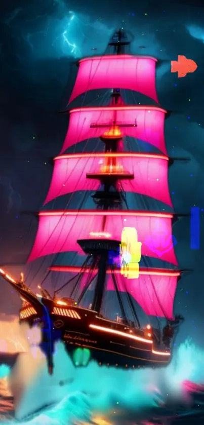 A ship with vibrant pink sails sails through stormy seas under a dark electric sky.