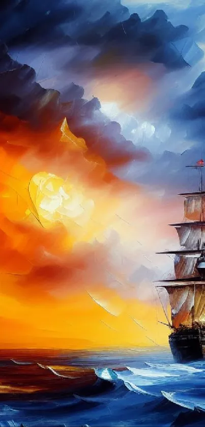 A vibrant painting of a ship sailing under dramatic, colorful skies.