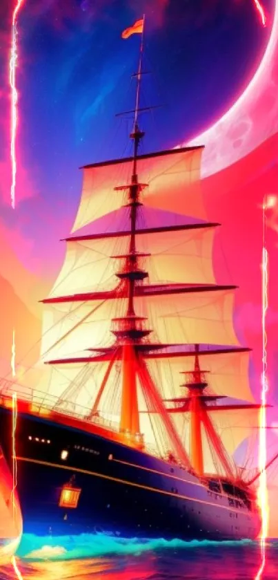 Majestic ship under vibrant aurora sky on the ocean, with crimson red hues.