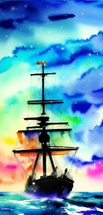 Colorful watercolor ship sailing in a vibrant sky.