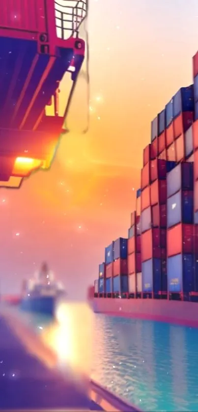 Sunset over a shipping port with colorful containers.