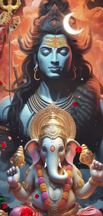 Vibrant illustration of Shiva and Ganesha in spiritual art style.