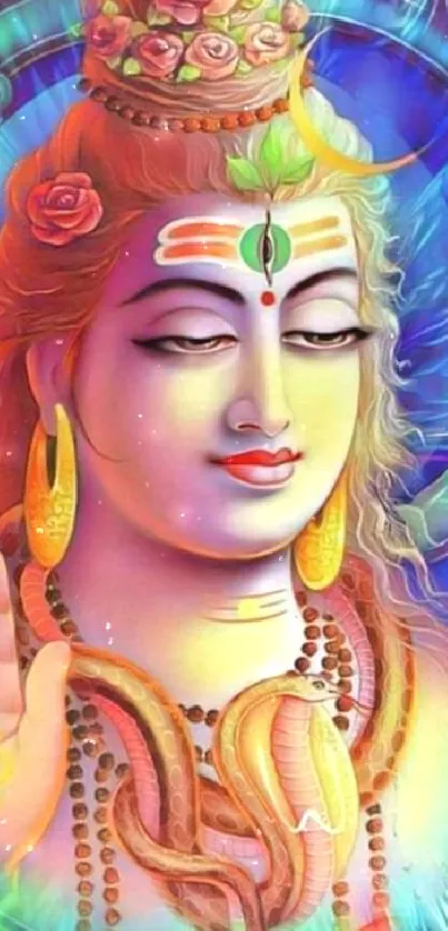 Vibrant artistic depiction of Lord Shiva with bright colors.