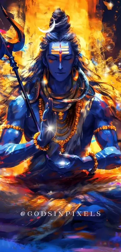 Vibrant digital painting of Shiva in meditation with colorful background.