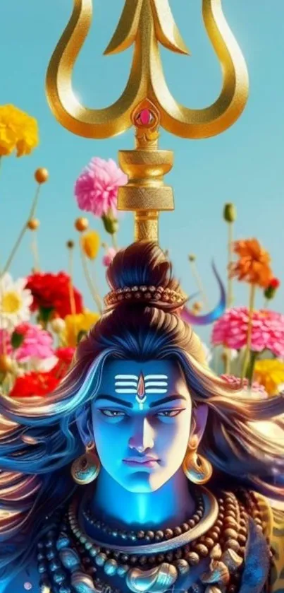 Artistic depiction of Lord Shiva with vibrant floral background on mobile wallpaper.