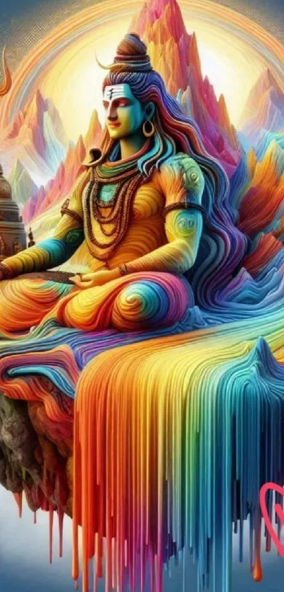 Vibrant depiction of Shiva meditating in a surreal, colorful landscape.