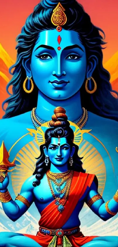 Vibrant painting of Lord Shiva with blue tones and vivid background.