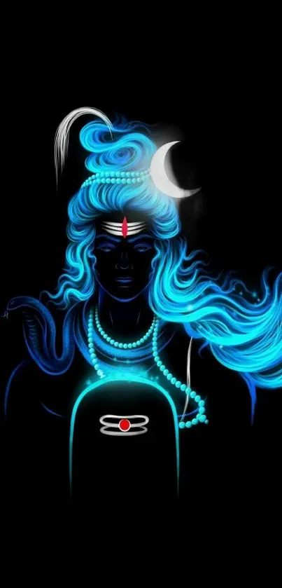 Shiva artwork with blue aura and crescent moon on black background.