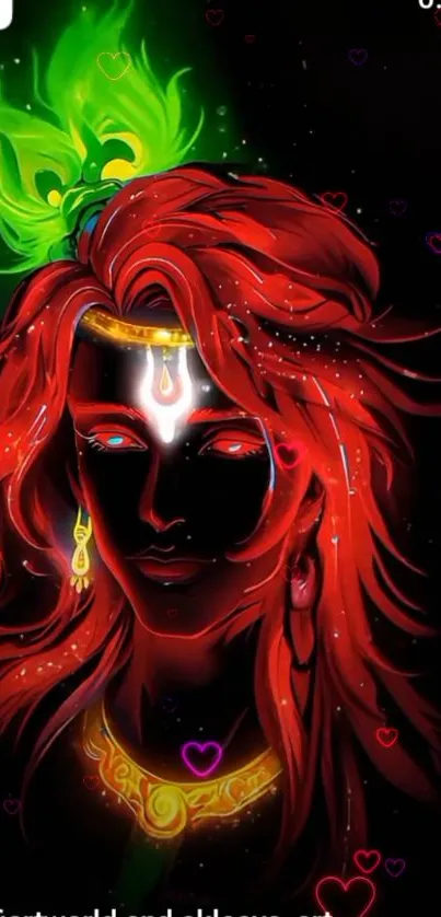 Colorful and vibrant depiction of Lord Shiva with red hair and a green aura.