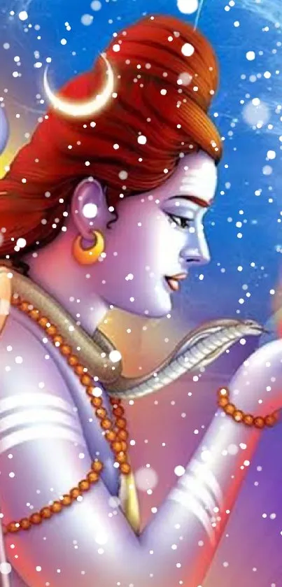 Vibrant illustration of Lord Shiva in a cosmic setting with rich colors.