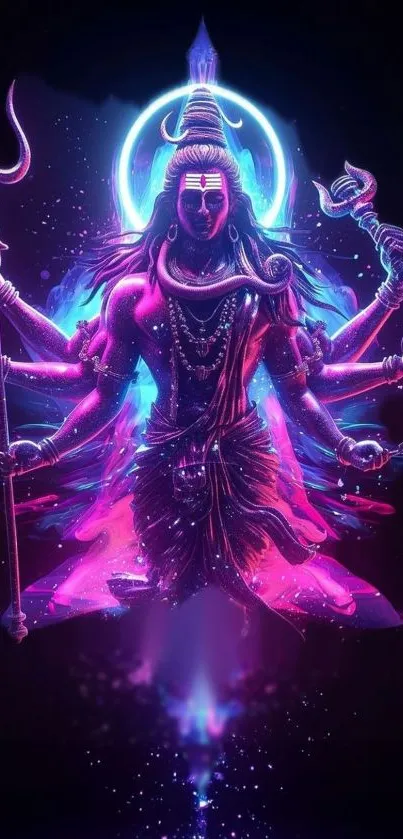 Vibrant neon digital art of Shiva with mystical energy.