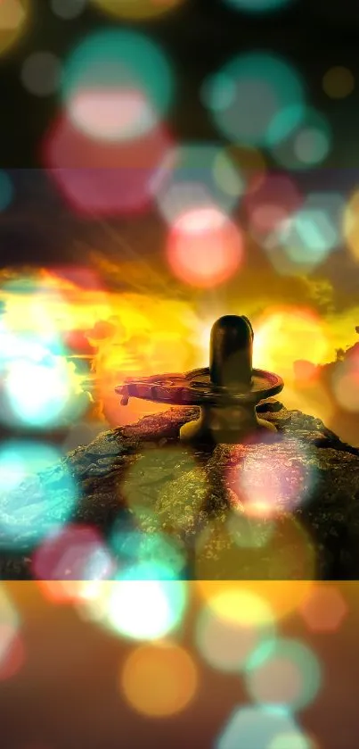 Shiva Linga at sunset with bokeh effects, reflecting vibrant energy.