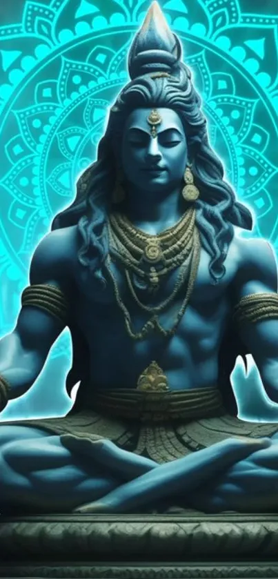 Shiva in meditation with blue background on wallpaper.