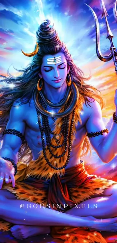 Vibrant depiction of Lord Shiva in meditation with dynamic colors.