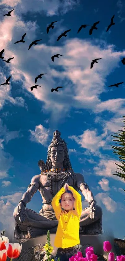 Mobile wallpaper of Shiva statue with colorful sky and birds.