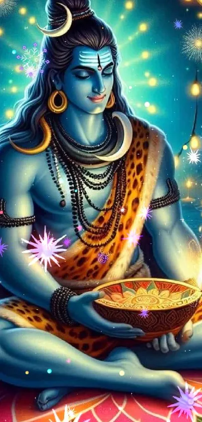 Lord Shiva meditating with cosmic lights.