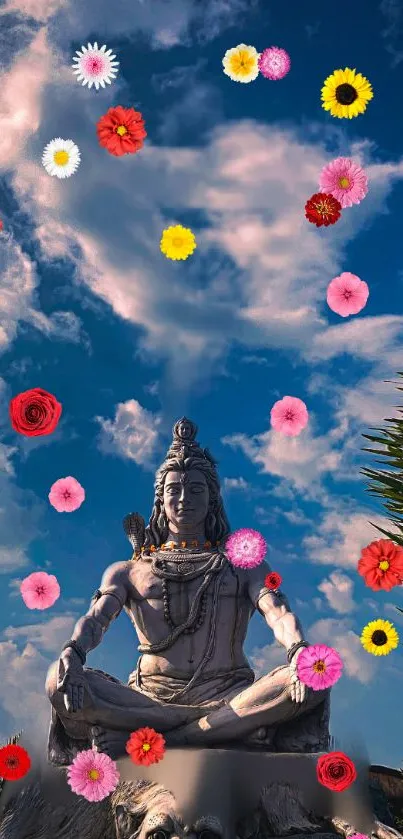 Lord Shiva meditating with flowers on a tranquil sky backdrop.