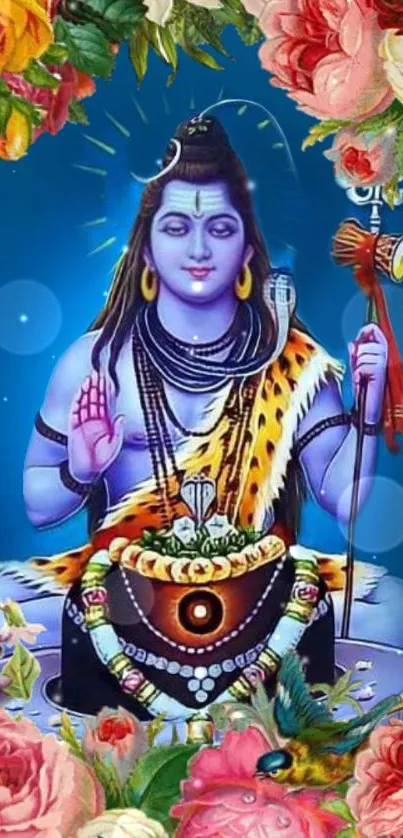 Vibrant Shiva with floral accents on a blue background