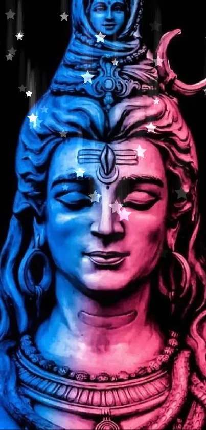 Vibrant depiction of Lord Shiva in blue and pink hues on mobile wallpaper.