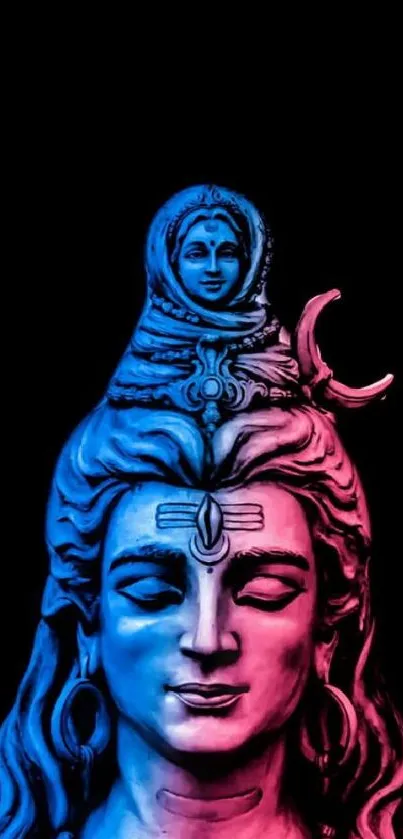 Colorful Shiva statue in blue and pink on black background.