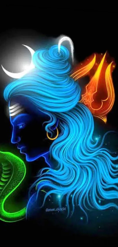 Vibrant Lord Shiva wallpaper with blue hues, Trishul, and serpent.