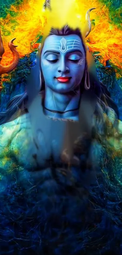 Vibrant mobile wallpaper of Lord Shiva with fiery orange and deep blue hues.