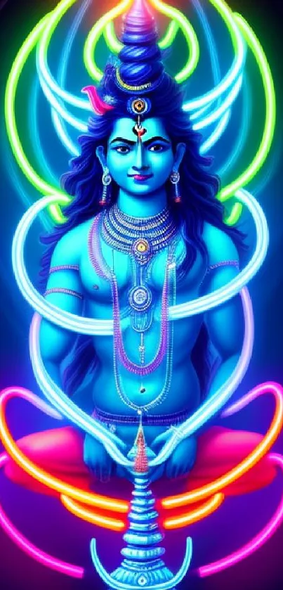 Vibrant neon art depicting Lord Shiva meditating.