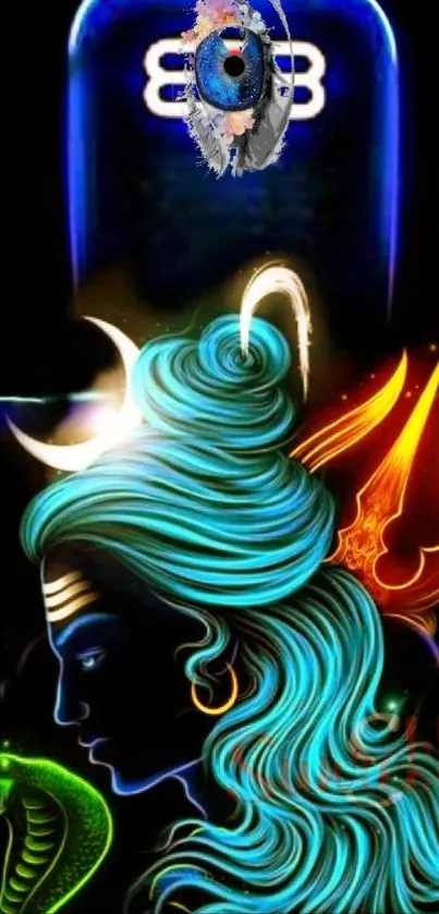 Vibrant neon wallpaper of Lord Shiva with trident and snake.