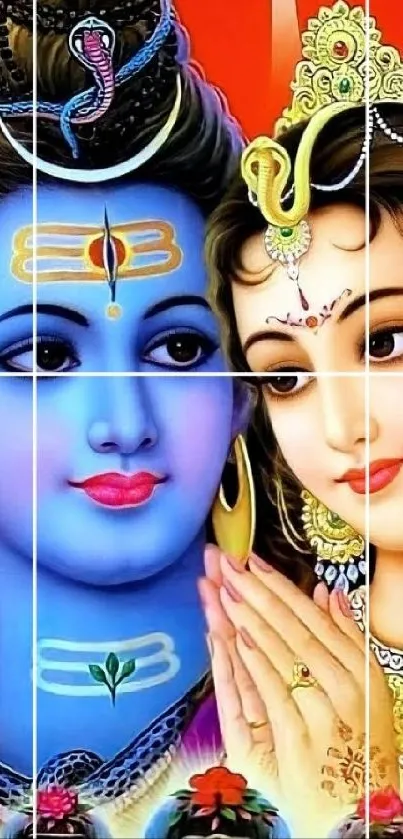 Colorful mobile wallpaper of Shiva and Parvati with vibrant art.