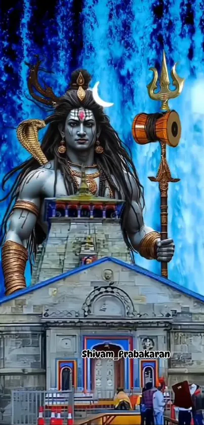 Lord Shiva and temple in vibrant colors with a blue background.