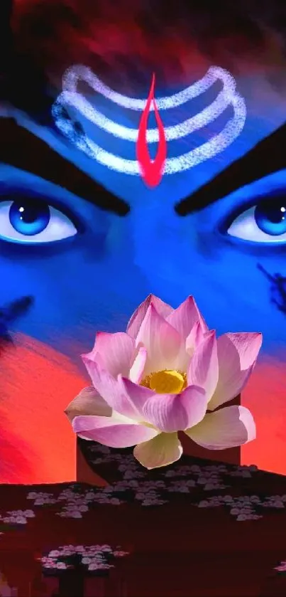 Vibrant Shiva wallpaper featuring blue hues and a lotus flower.